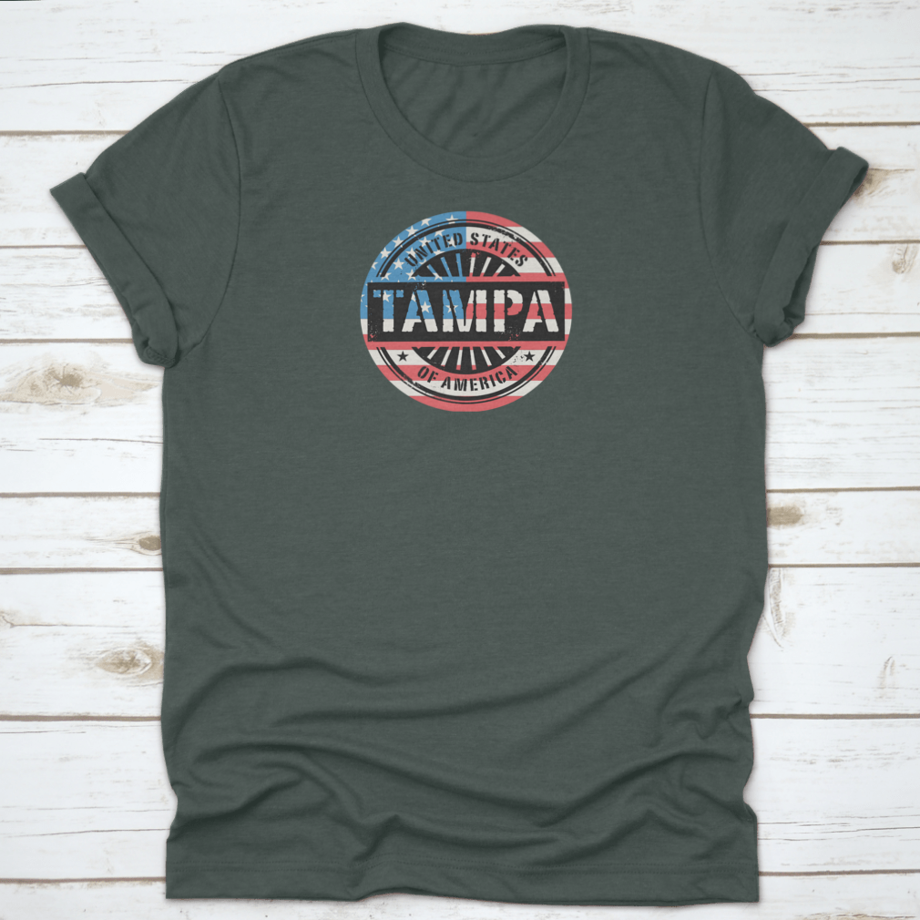 Tampa Grunge Rubber Stamp T-shirt featuring a USA flag vector design, showcasing a classic fit and midweight fabric.