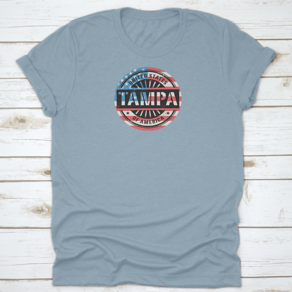Tampa Grunge Rubber Stamp T-shirt featuring a USA flag vector design, showcasing a classic fit and midweight fabric.