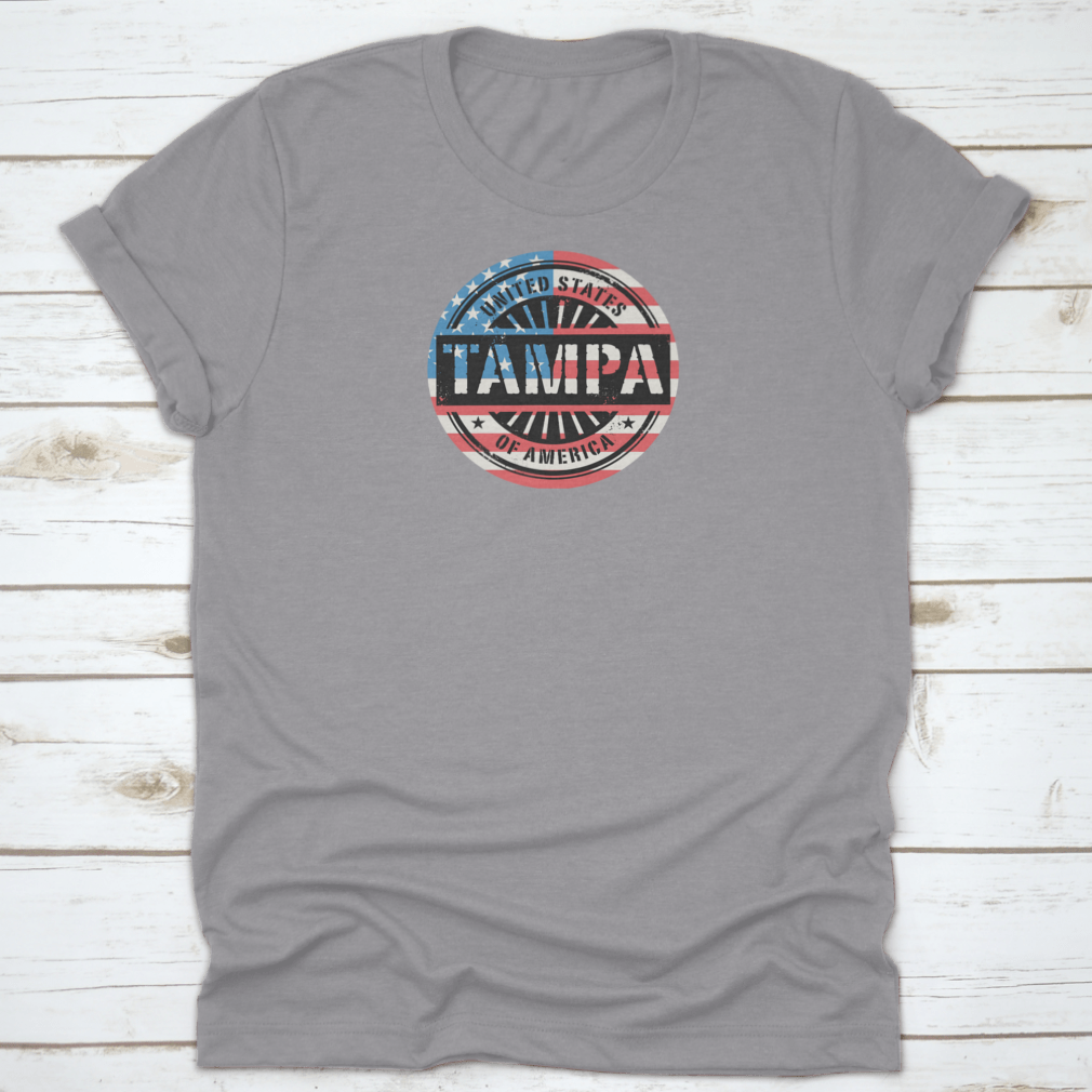 Tampa Grunge Rubber Stamp T-shirt featuring a USA flag vector design, showcasing a classic fit and midweight fabric.