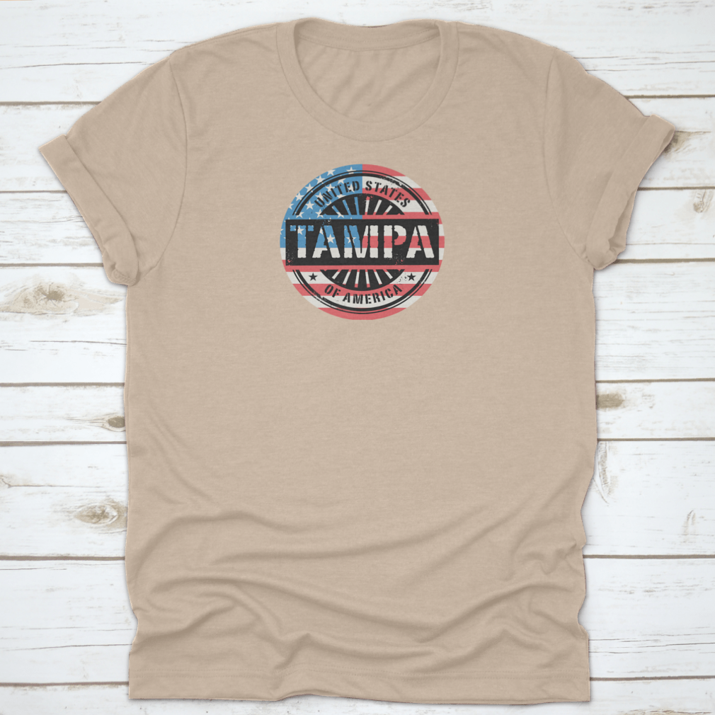Tampa Grunge Rubber Stamp T-shirt featuring a USA flag vector design, showcasing a classic fit and midweight fabric.