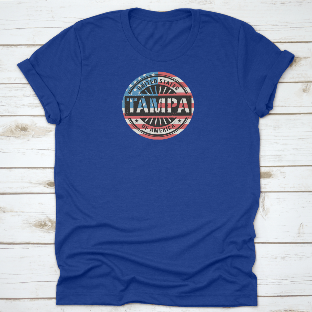 Tampa Grunge Rubber Stamp T-shirt featuring a USA flag vector design, showcasing a classic fit and midweight fabric.