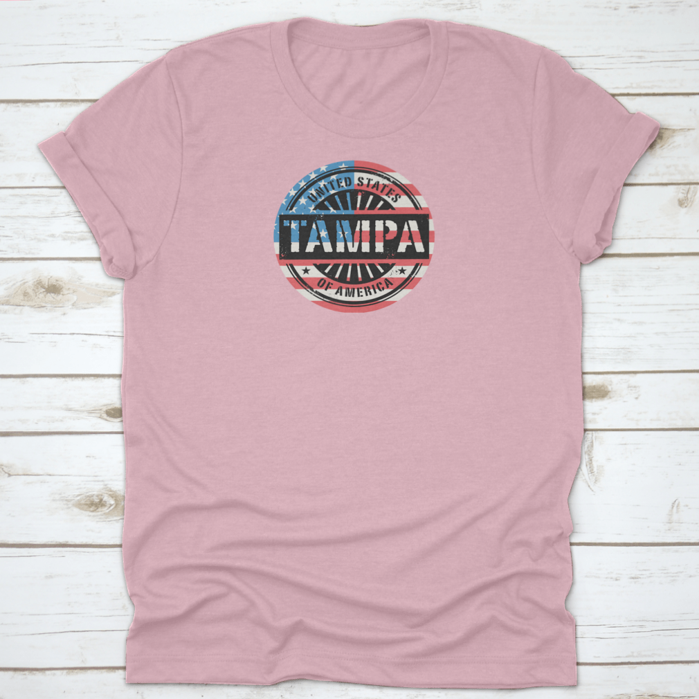 Tampa Grunge Rubber Stamp T-shirt featuring a USA flag vector design, showcasing a classic fit and midweight fabric.