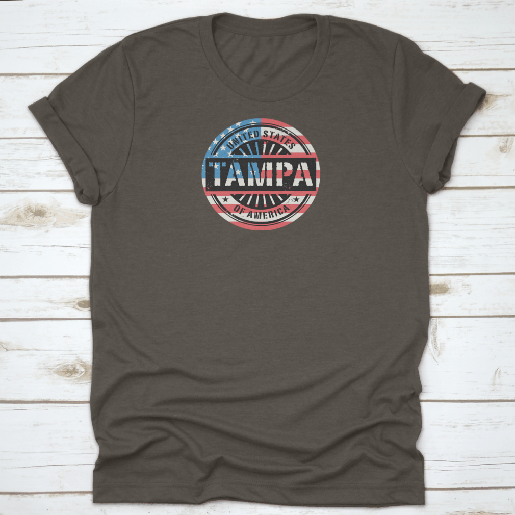 Tampa Grunge Rubber Stamp T-shirt featuring a USA flag vector design, showcasing a classic fit and midweight fabric.