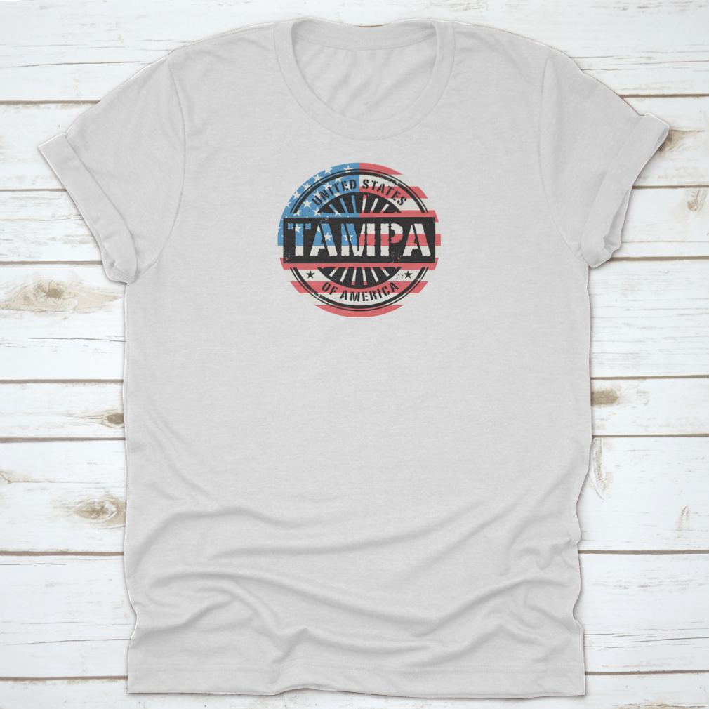 Tampa Grunge Rubber Stamp T-shirt featuring a USA flag vector design, showcasing a classic fit and midweight fabric.