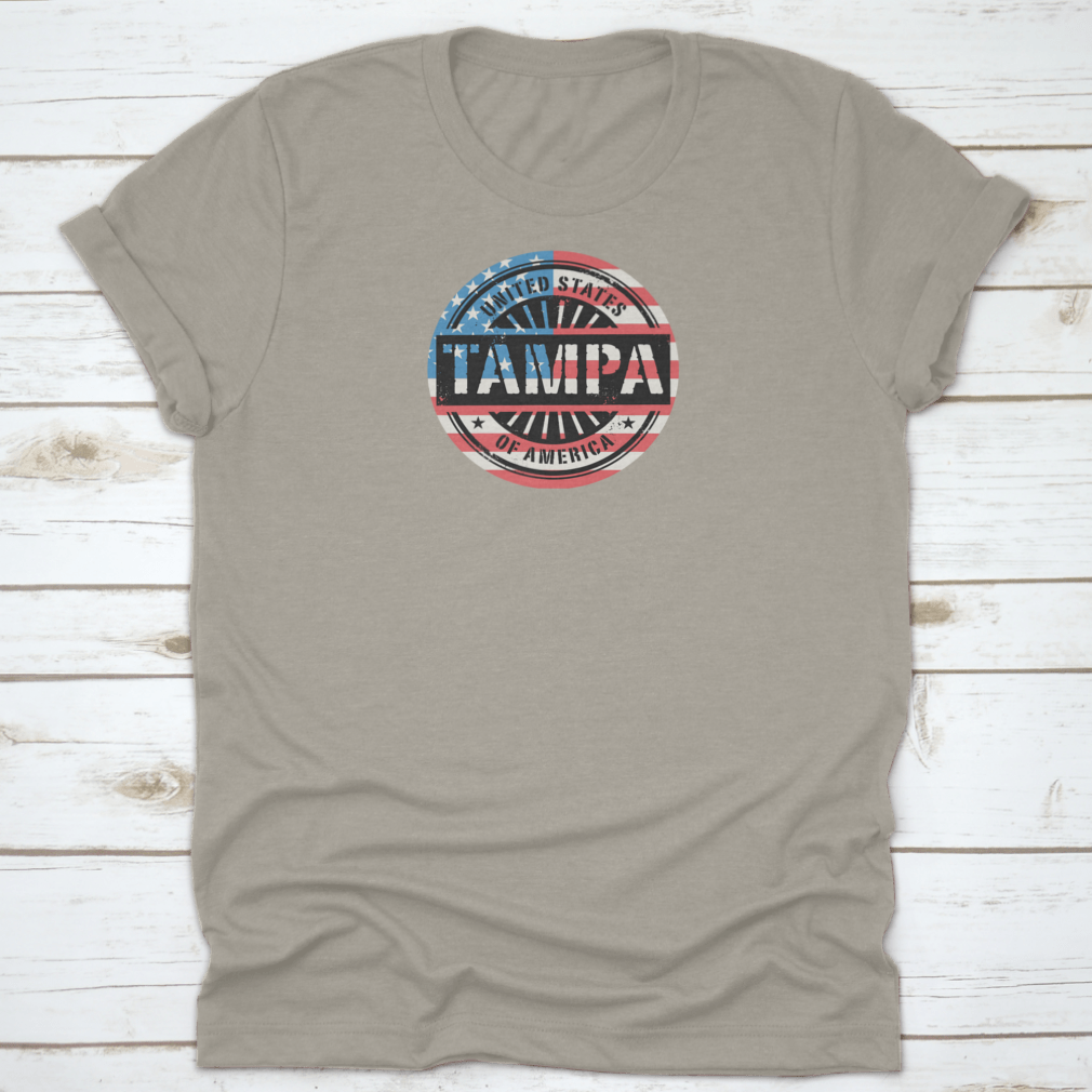 Tampa Grunge Rubber Stamp T-shirt featuring a USA flag vector design, showcasing a classic fit and midweight fabric.