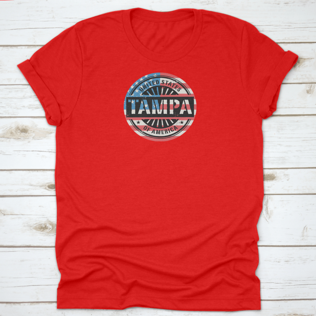 Tampa Grunge Rubber Stamp T-shirt featuring a USA flag vector design, showcasing a classic fit and midweight fabric.