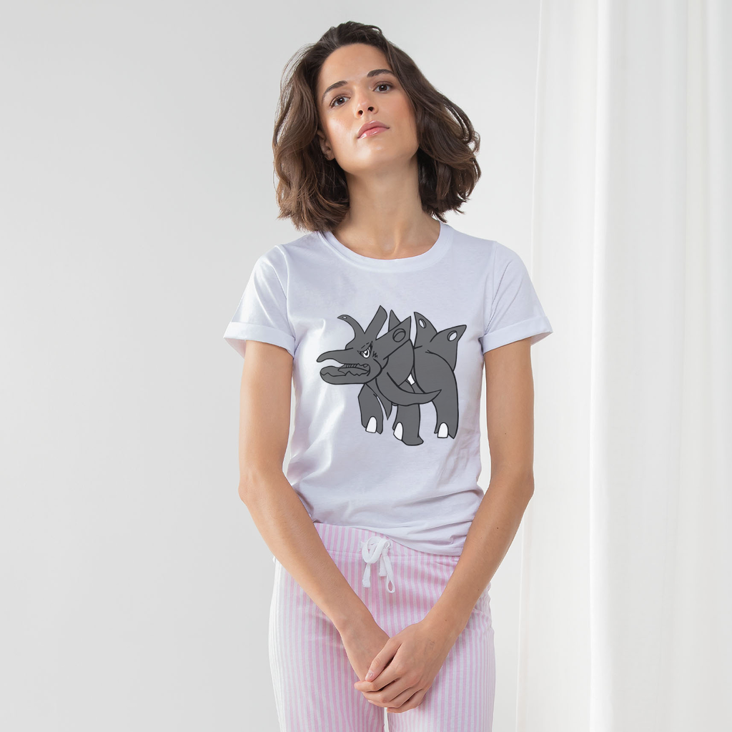 Tanktron Women's Long Pant Pyjama Set featuring a white t-shirt, striped pants in heather grey or light pink, and a matching drawcord bag.