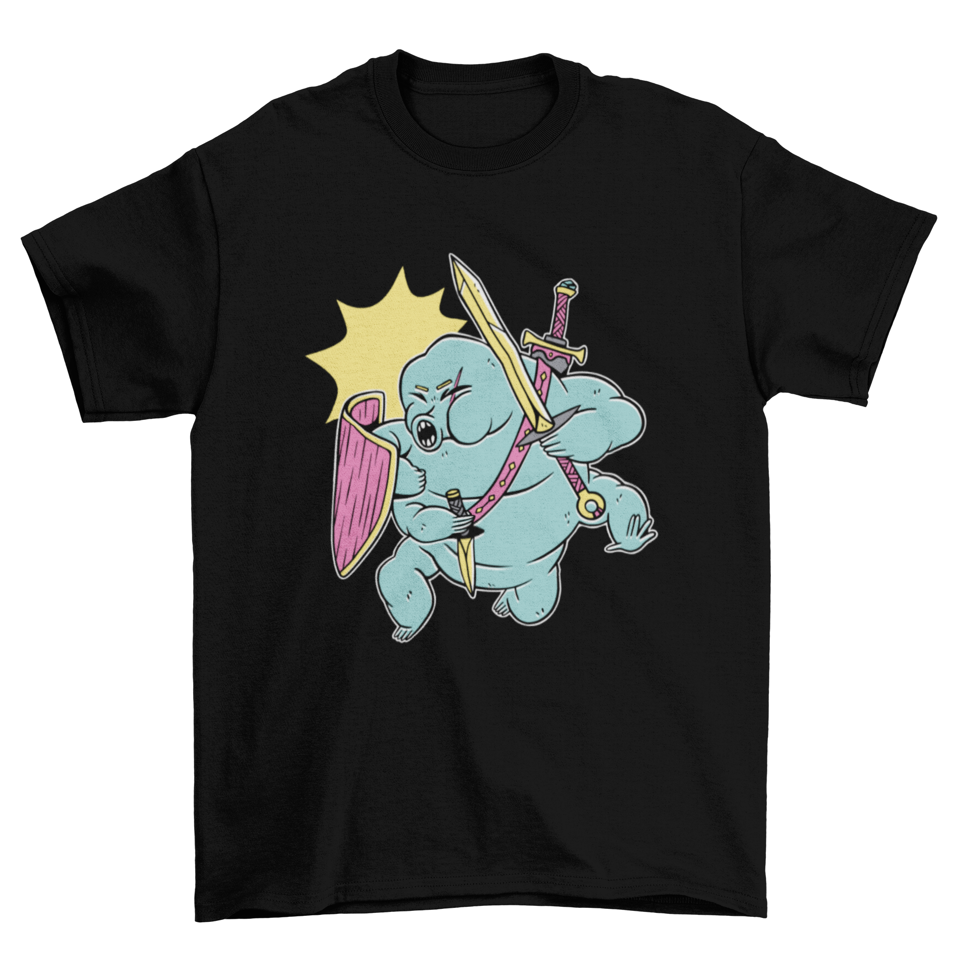 Colorful t-shirt featuring a tardigrade in warrior attire, showcasing vibrant colors and intricate details.