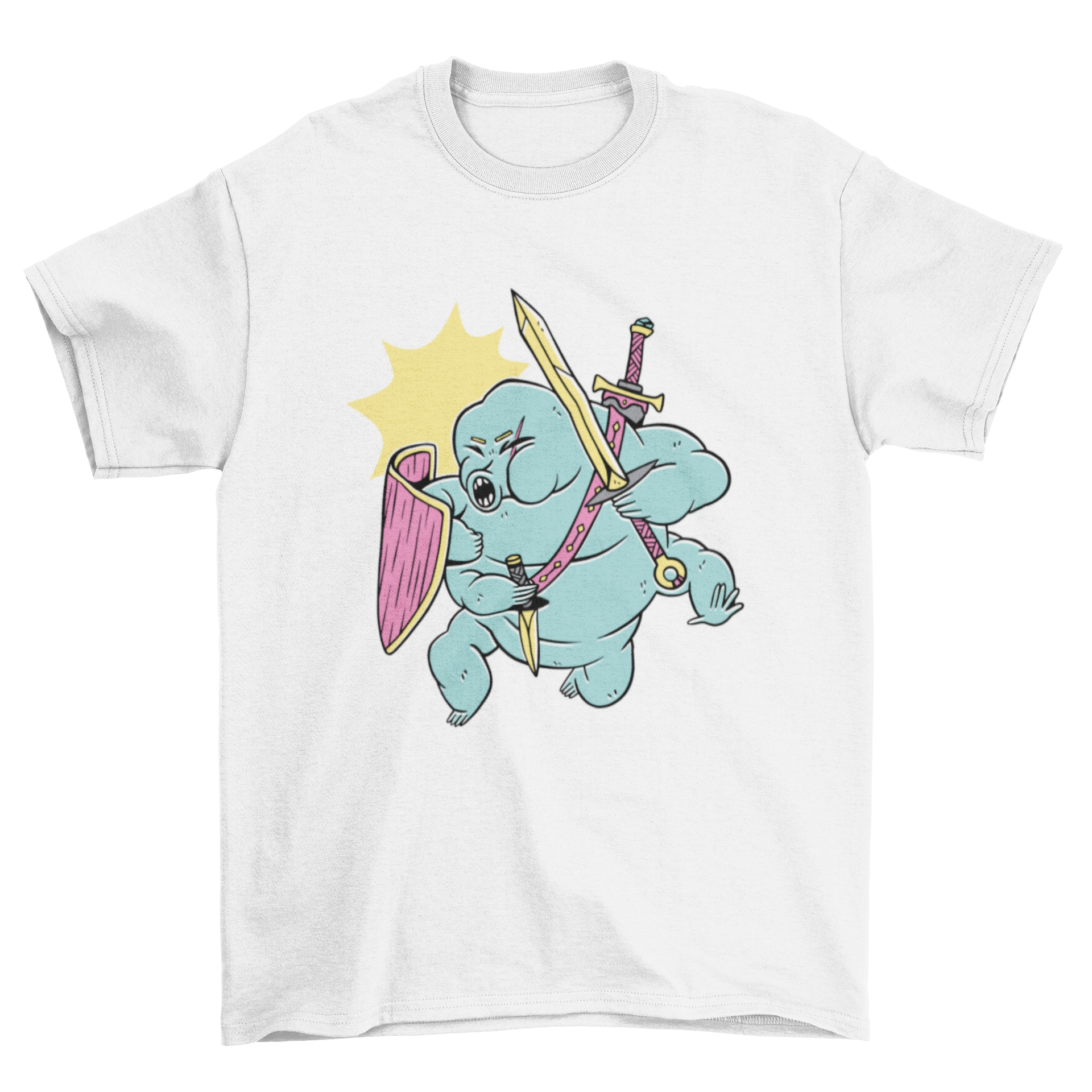 Colorful t-shirt featuring a tardigrade in warrior attire, showcasing vibrant colors and intricate details.