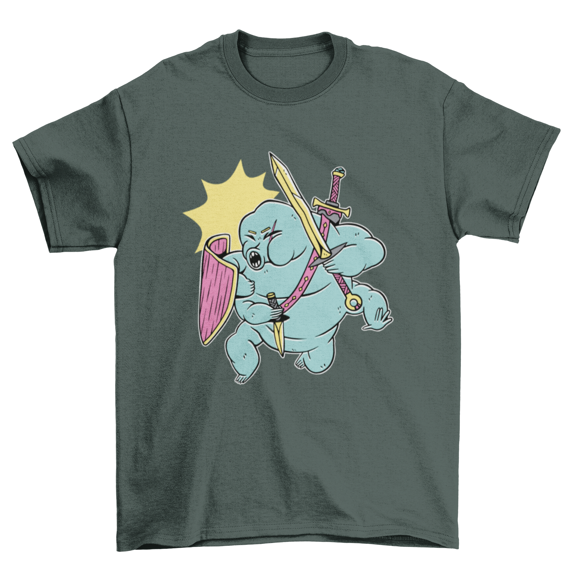 Colorful t-shirt featuring a tardigrade in warrior attire, showcasing vibrant colors and intricate details.