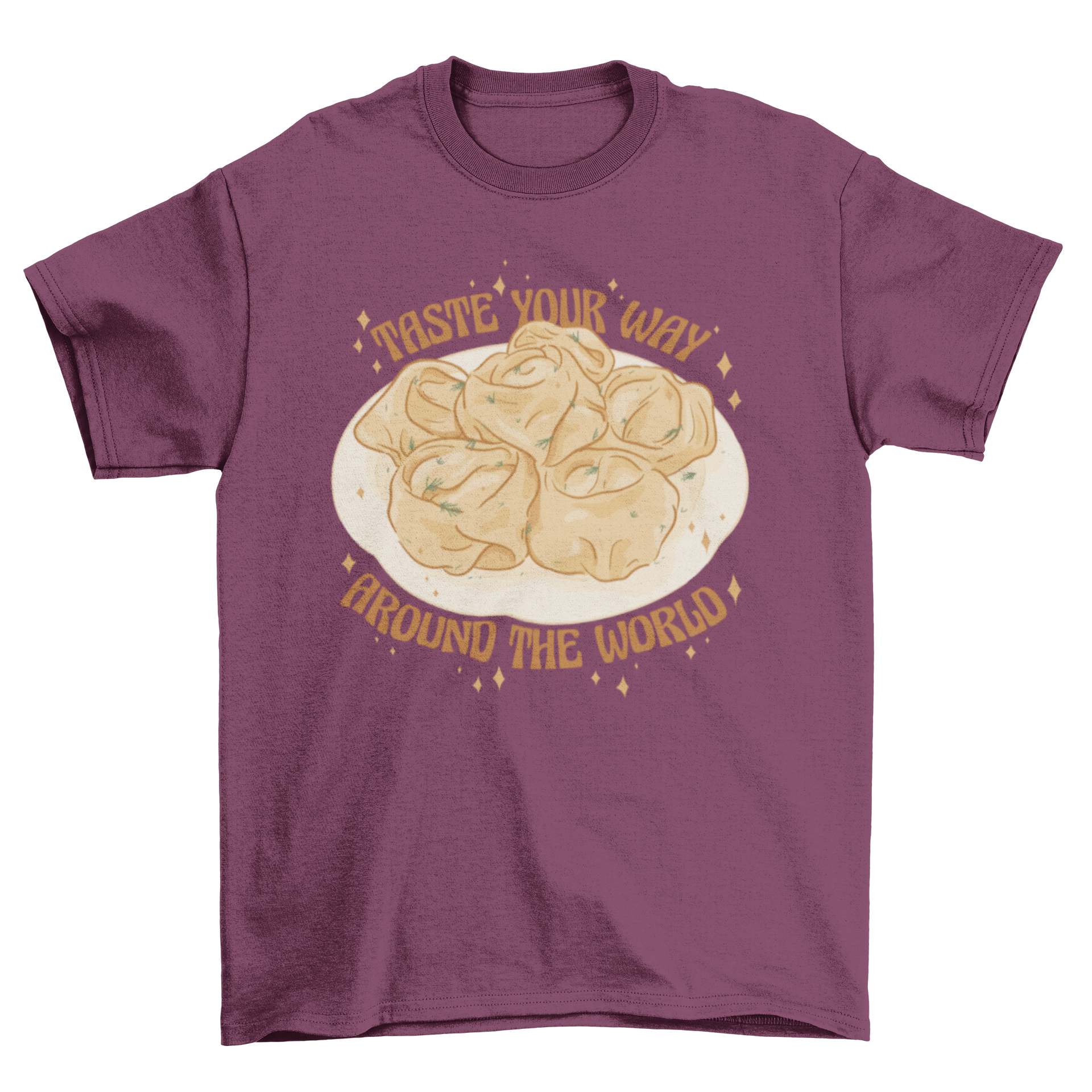 Taste Your Way Around the World t-shirt featuring an ethnic food dish and an inspiring travel quote.