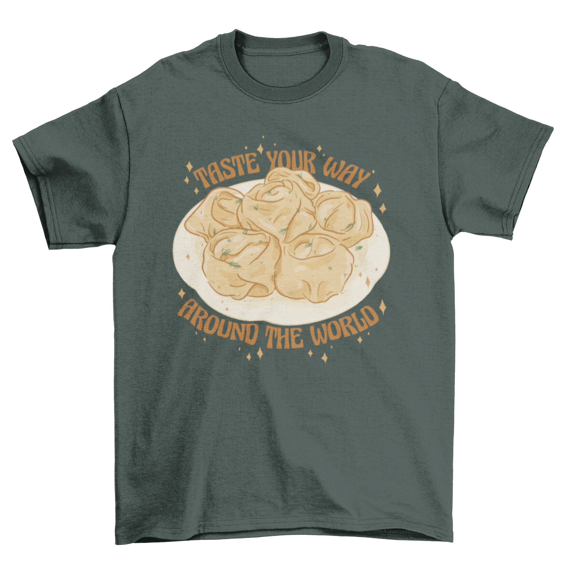 Taste Your Way Around the World t-shirt featuring an ethnic food dish and an inspiring travel quote.