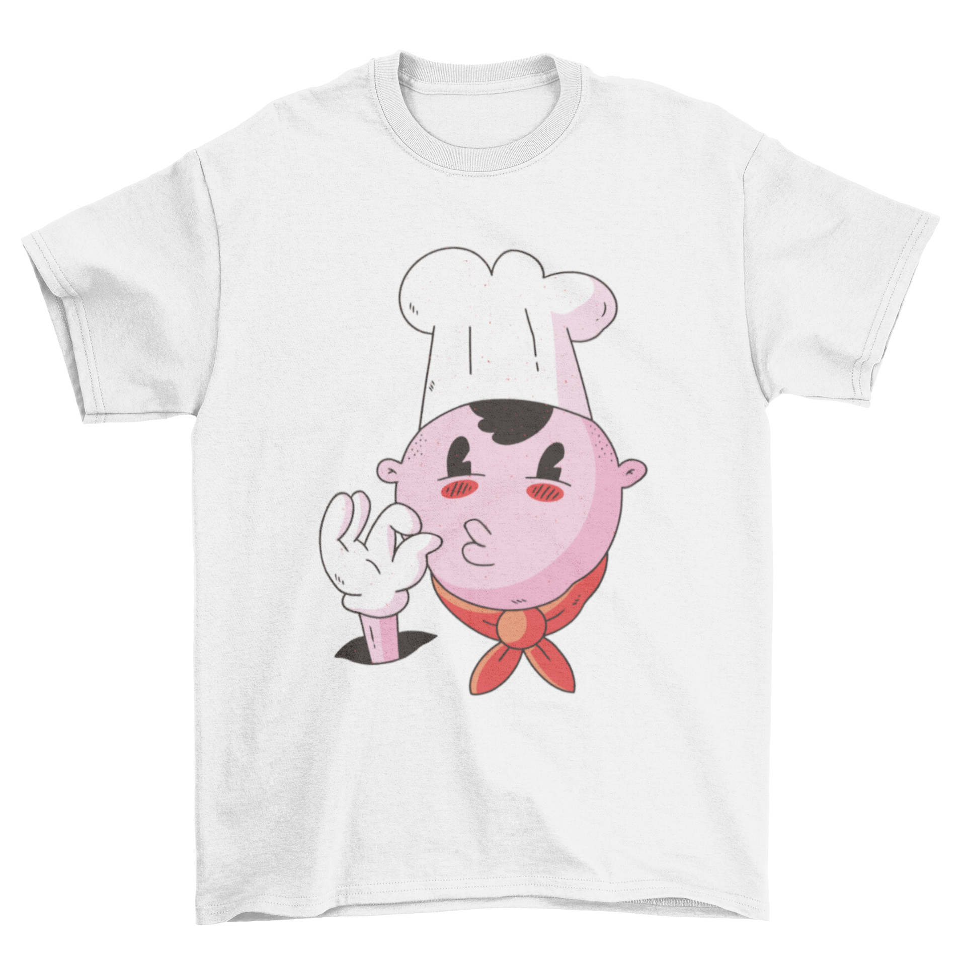 A colorful T-shirt featuring a cartoon chef making a tasty kiss sign, perfect for cooking enthusiasts.