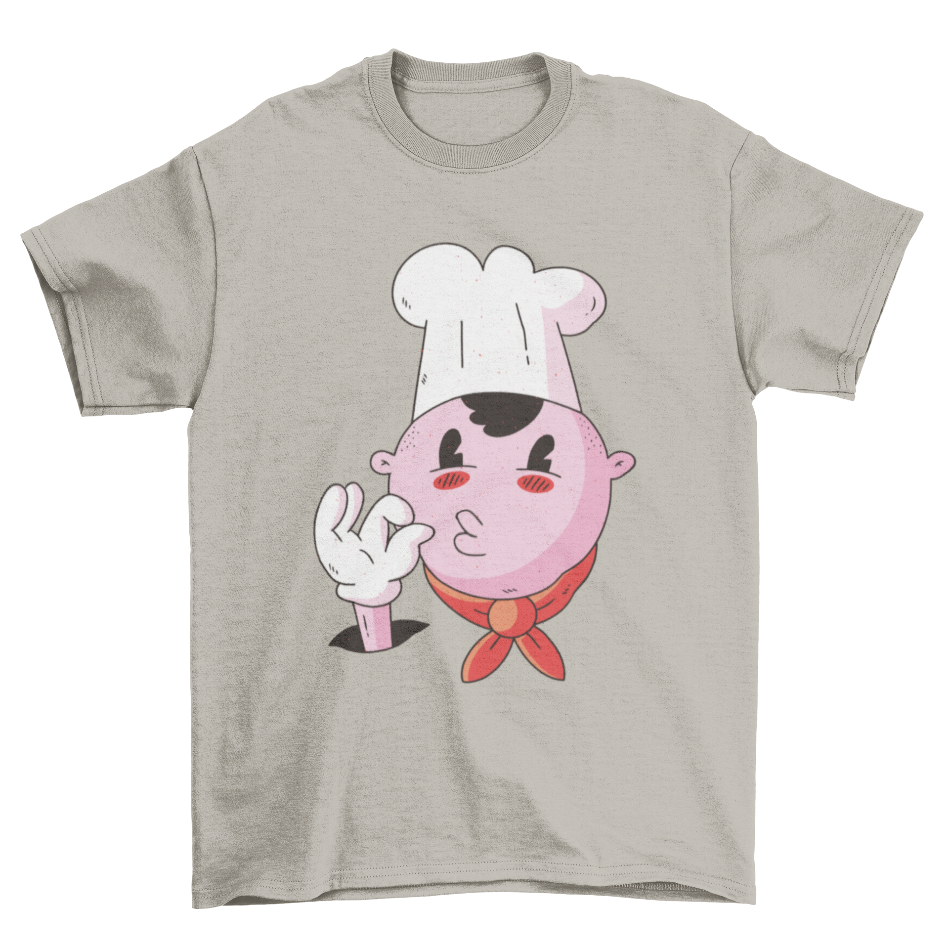 A colorful T-shirt featuring a cartoon chef making a tasty kiss sign, perfect for cooking enthusiasts.