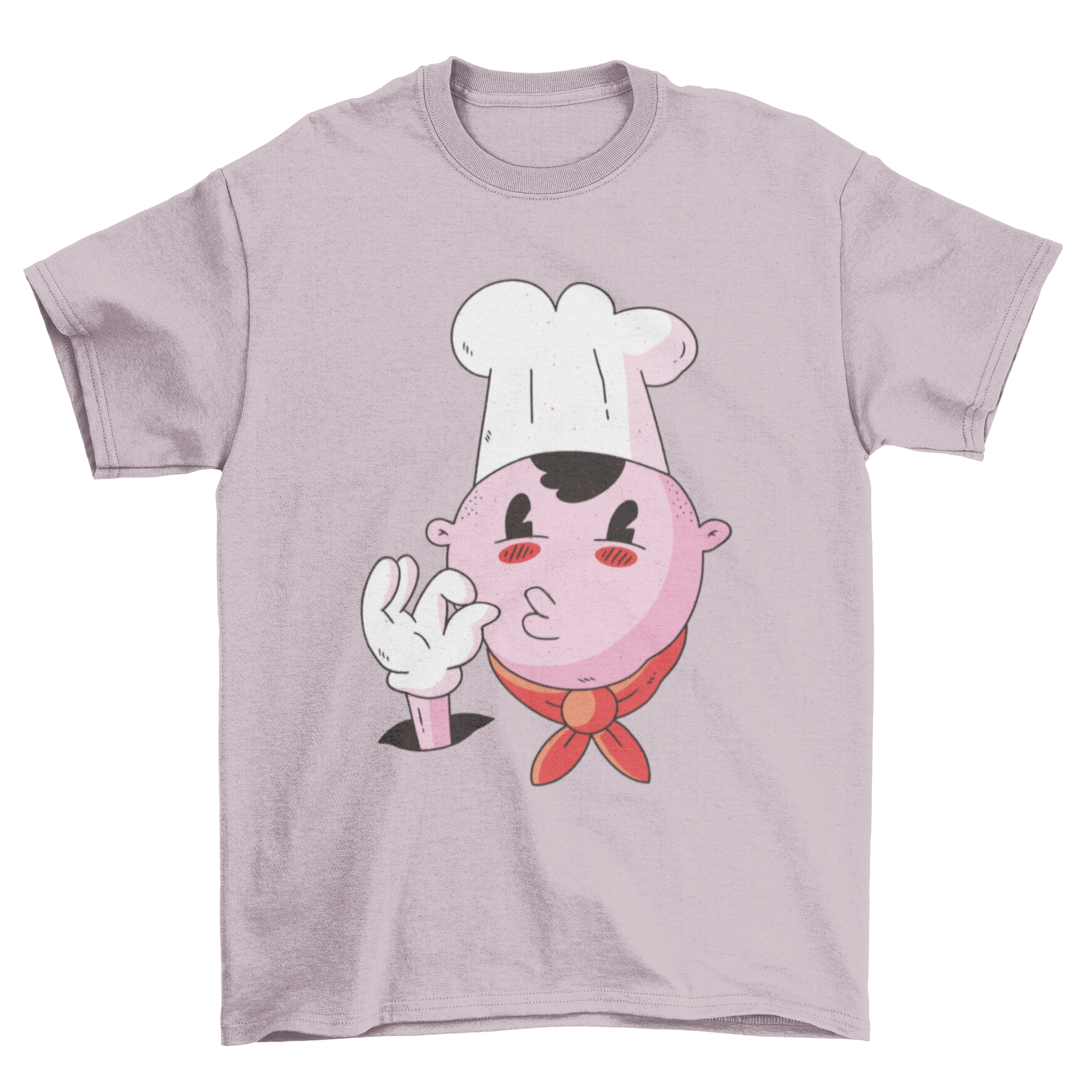 A colorful T-shirt featuring a cartoon chef making a tasty kiss sign, perfect for cooking enthusiasts.