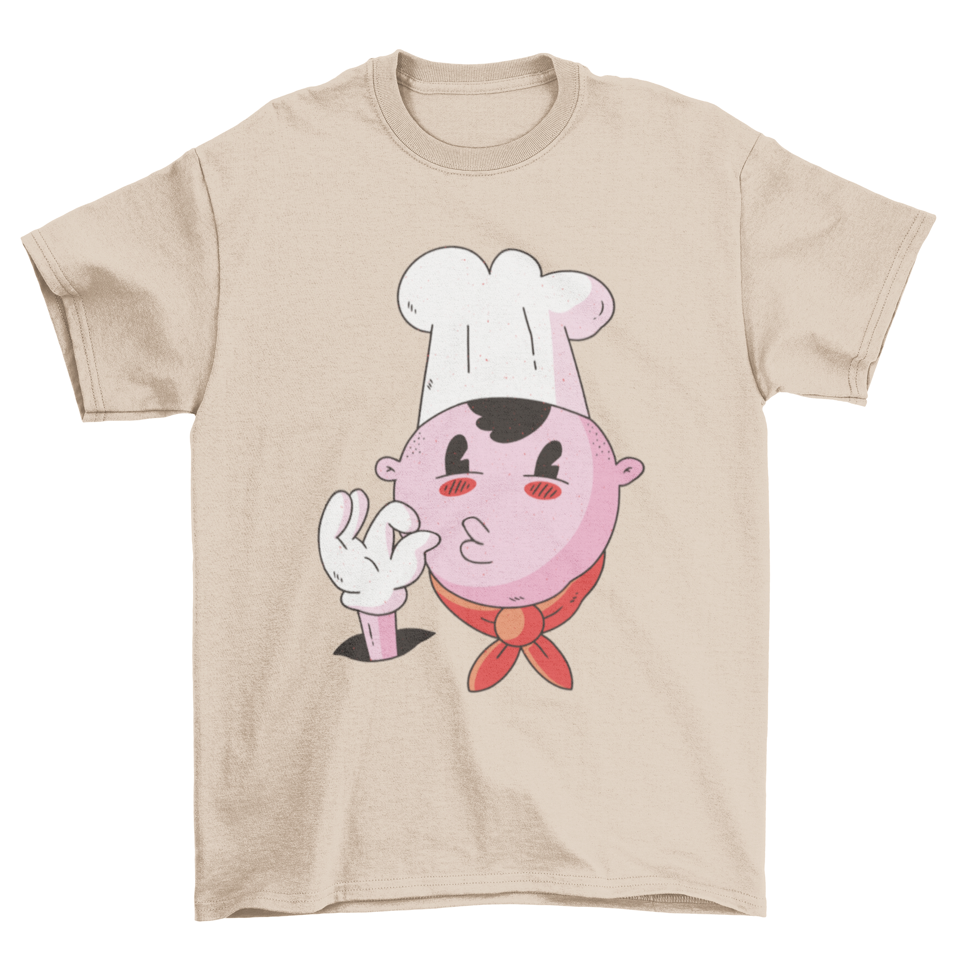 A colorful T-shirt featuring a cartoon chef making a tasty kiss sign, perfect for cooking enthusiasts.