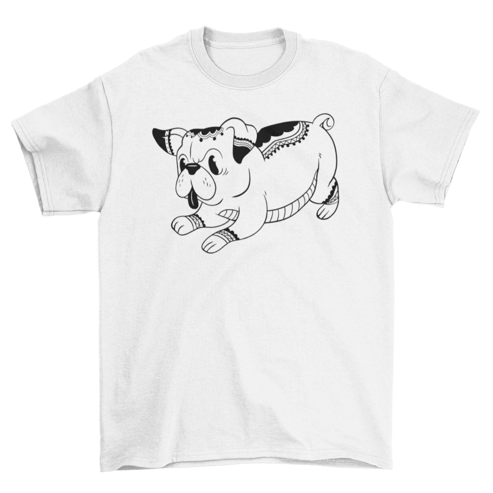 A cute black and white t-shirt featuring a pug with intricate mandala tattoos, showcasing a stylish and unique design.