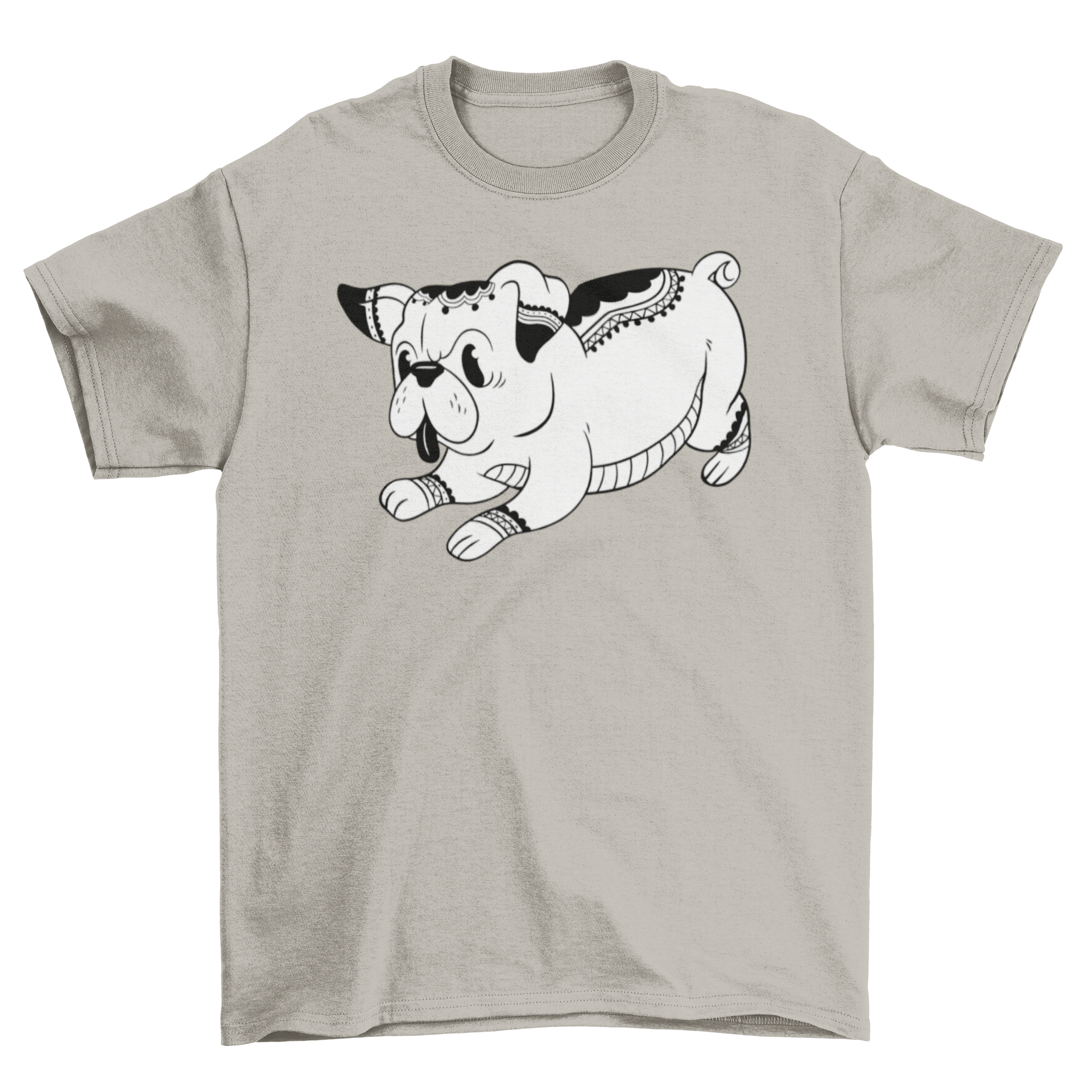 A cute black and white t-shirt featuring a pug with intricate mandala tattoos, showcasing a stylish and unique design.