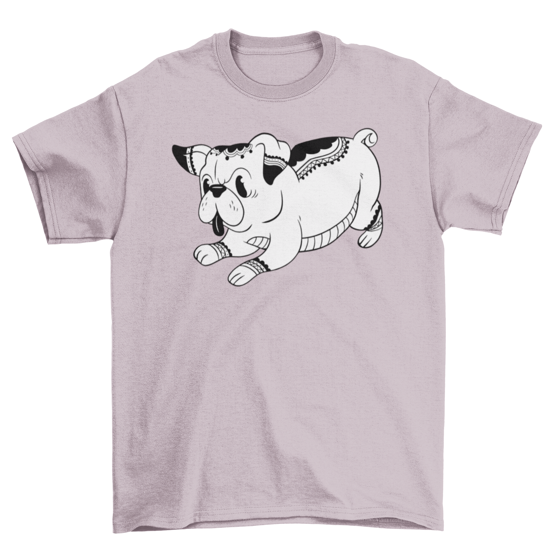 A cute black and white t-shirt featuring a pug with intricate mandala tattoos, showcasing a stylish and unique design.