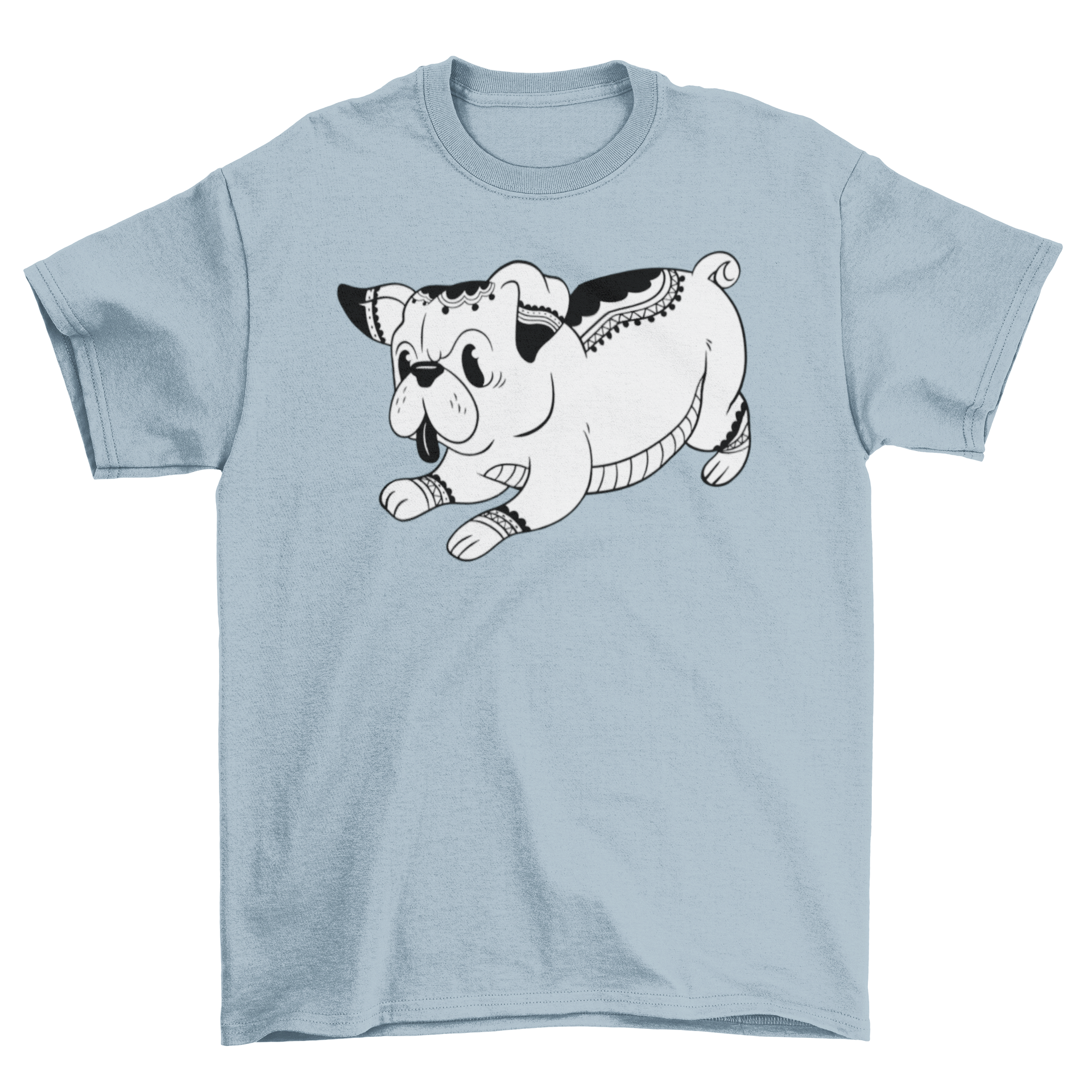 A cute black and white t-shirt featuring a pug with intricate mandala tattoos, showcasing a stylish and unique design.