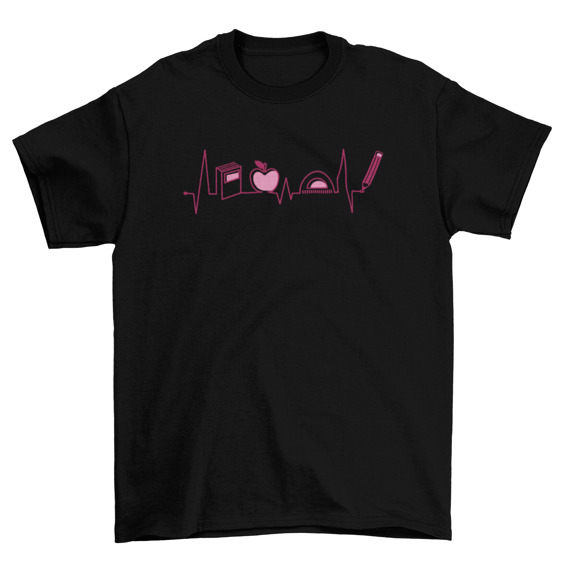 Cute teacher heartbeat t-shirt design featuring educational elements like books and pencils inside a heartbeat line.