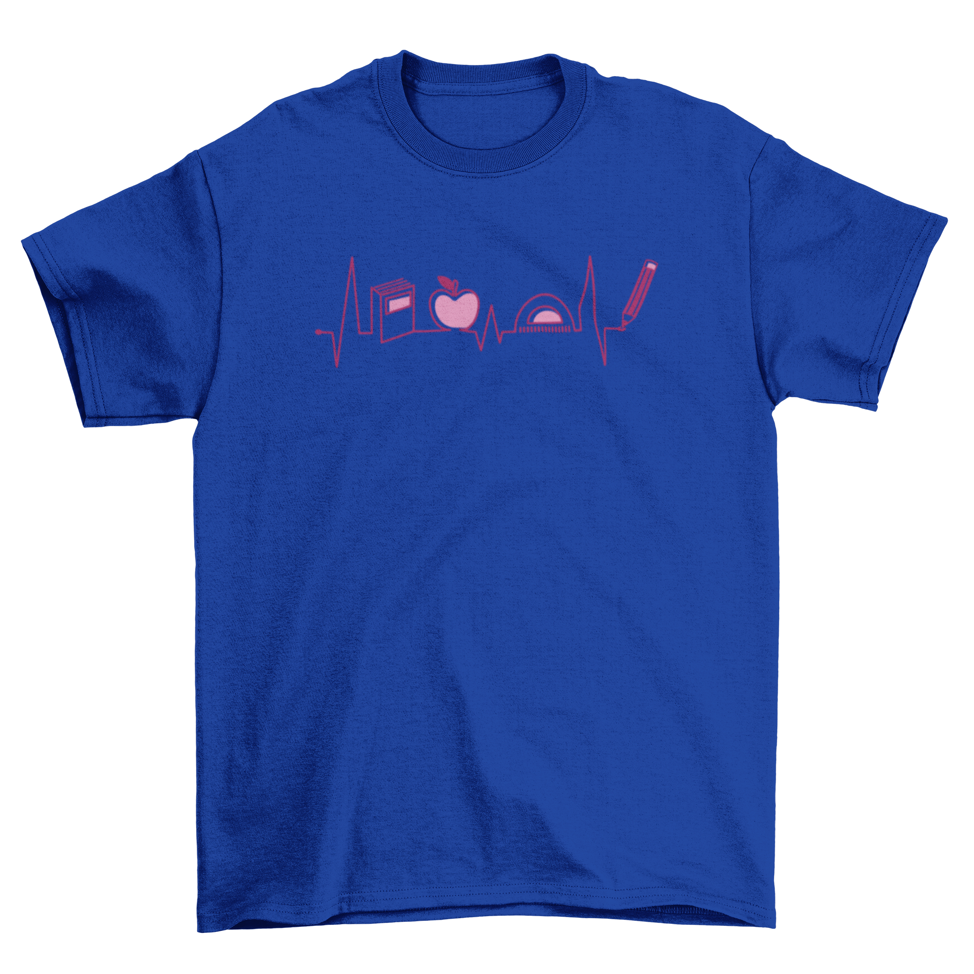 Cute teacher heartbeat t-shirt design featuring educational elements like books and pencils inside a heartbeat line.