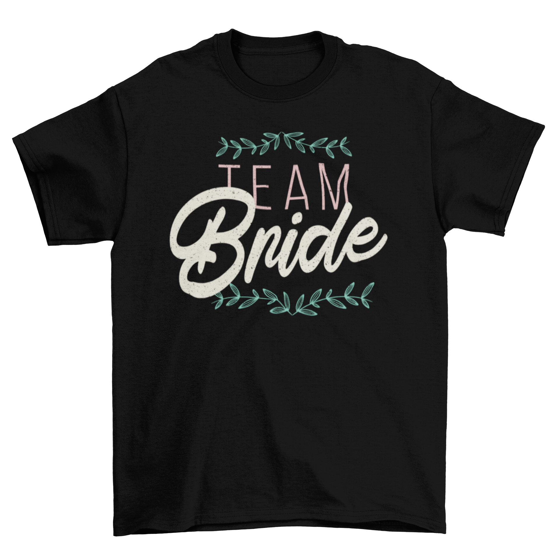 A stylish white T-shirt featuring the bold text 'TEAM BRIDE' in a modern font, perfect for bridal parties.
