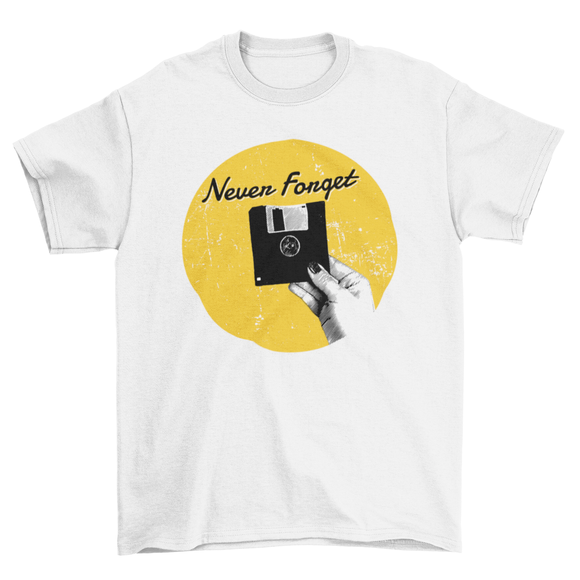 Vintage T-shirt design featuring a retro diskette illustration with 'Never Forget' text.