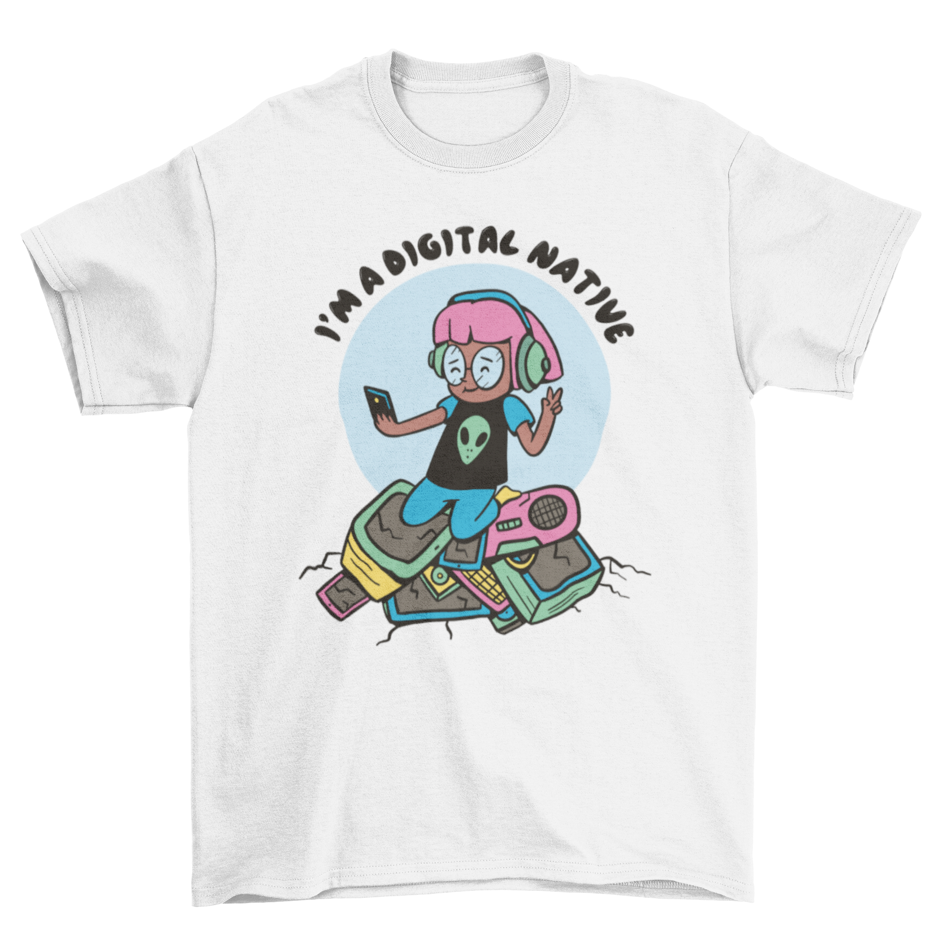 A stylish t-shirt featuring a girl taking a selfie surrounded by vintage technology devices, with the quote 'I'm a digital native'.