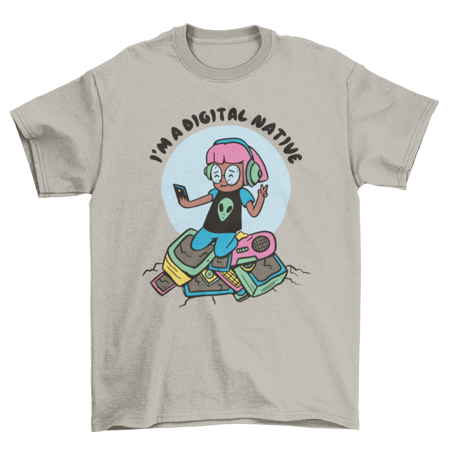 A stylish t-shirt featuring a girl taking a selfie surrounded by vintage technology devices, with the quote 'I'm a digital native'.