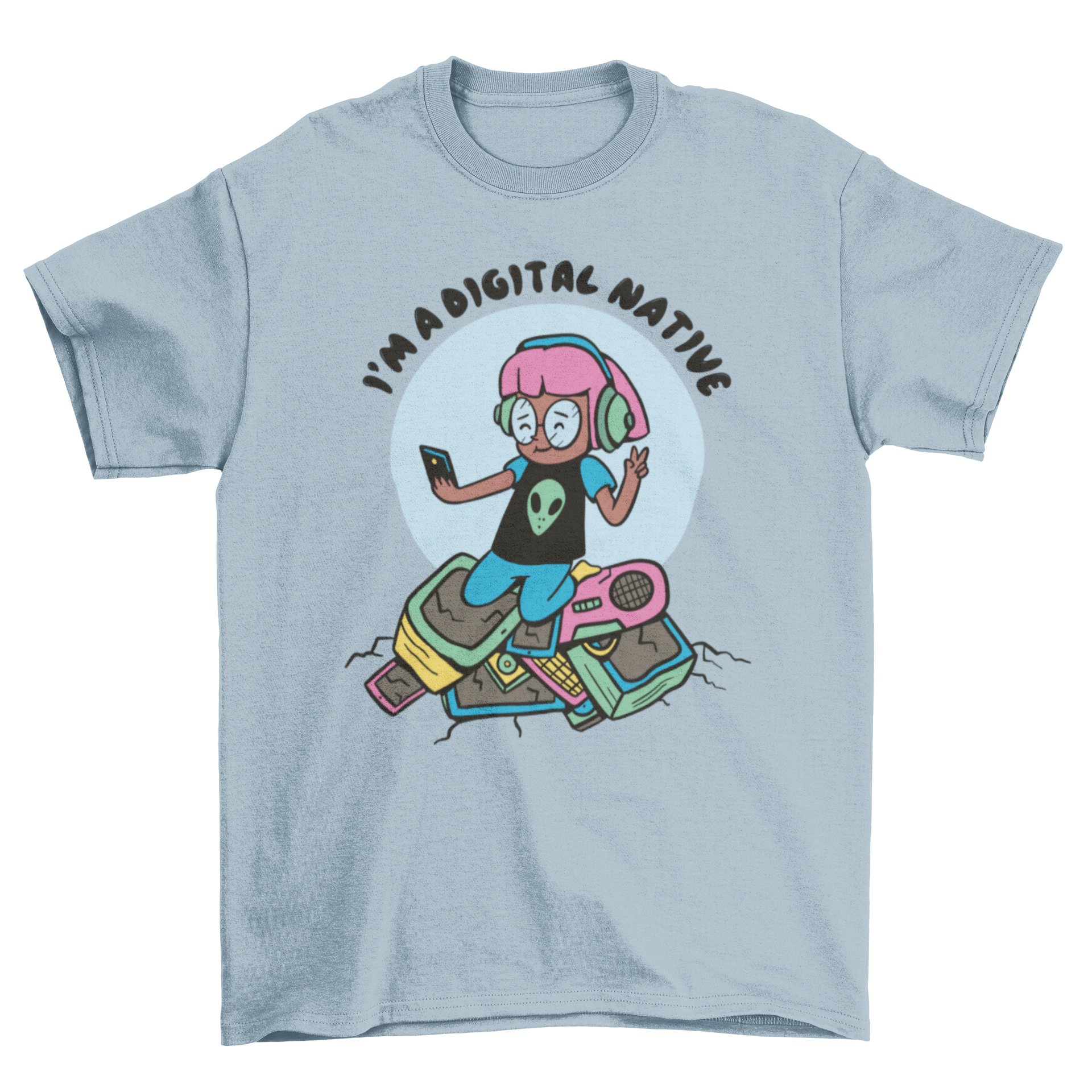 A stylish t-shirt featuring a girl taking a selfie surrounded by vintage technology devices, with the quote 'I'm a digital native'.