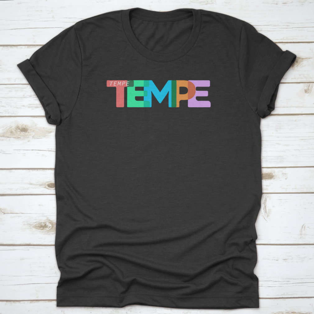 A stylish Tempe t-shirt featuring a colorful design on a white background, made from 100% cotton for comfort.