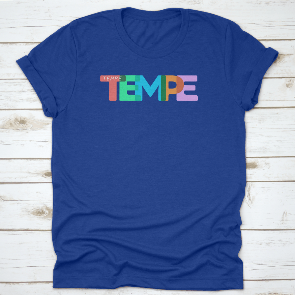 A stylish Tempe t-shirt featuring a colorful design on a white background, made from 100% cotton for comfort.