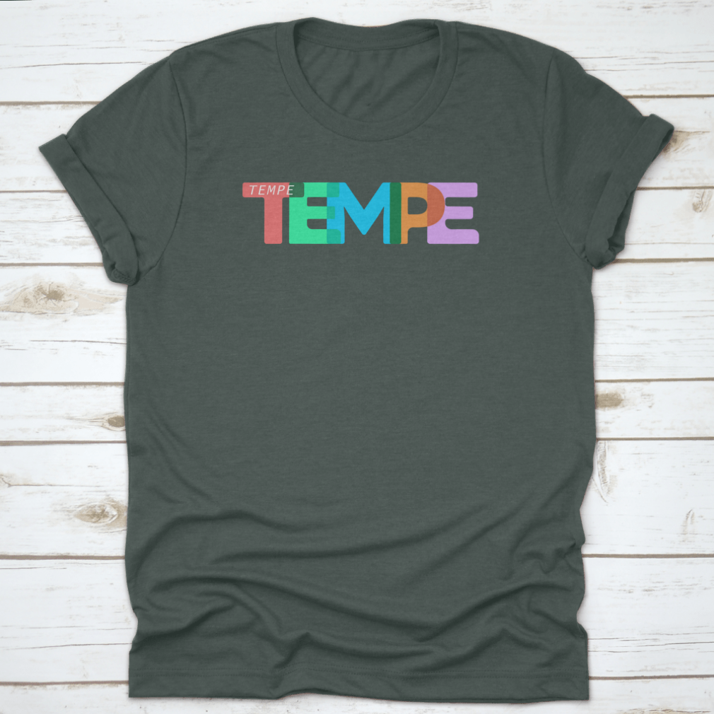A stylish Tempe t-shirt featuring a colorful design on a white background, made from 100% cotton for comfort.