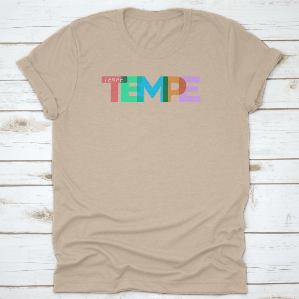 A stylish Tempe t-shirt featuring a colorful design on a white background, made from 100% cotton for comfort.