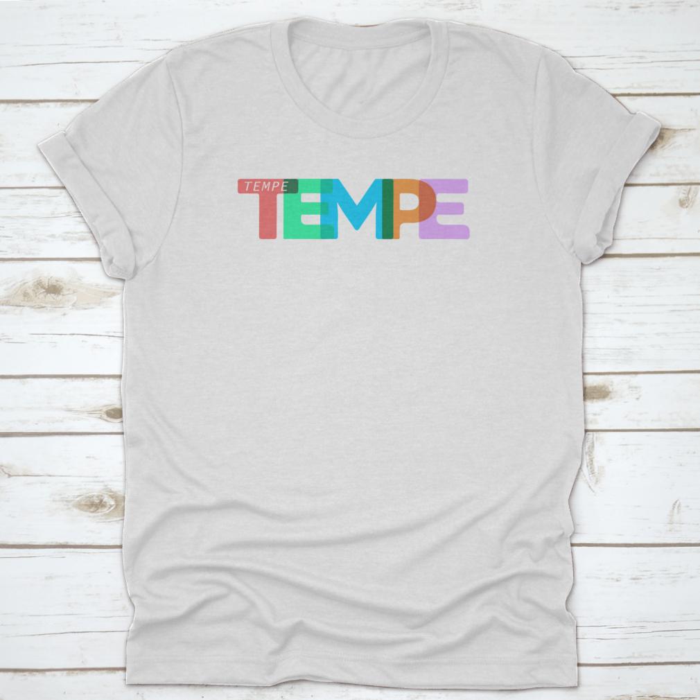 A stylish Tempe t-shirt featuring a colorful design on a white background, made from 100% cotton for comfort.