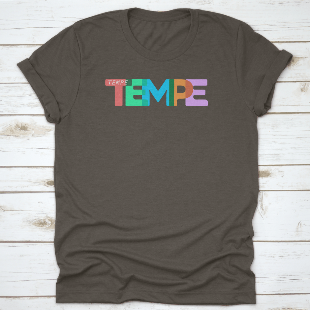 A stylish Tempe t-shirt featuring a colorful design on a white background, made from 100% cotton for comfort.