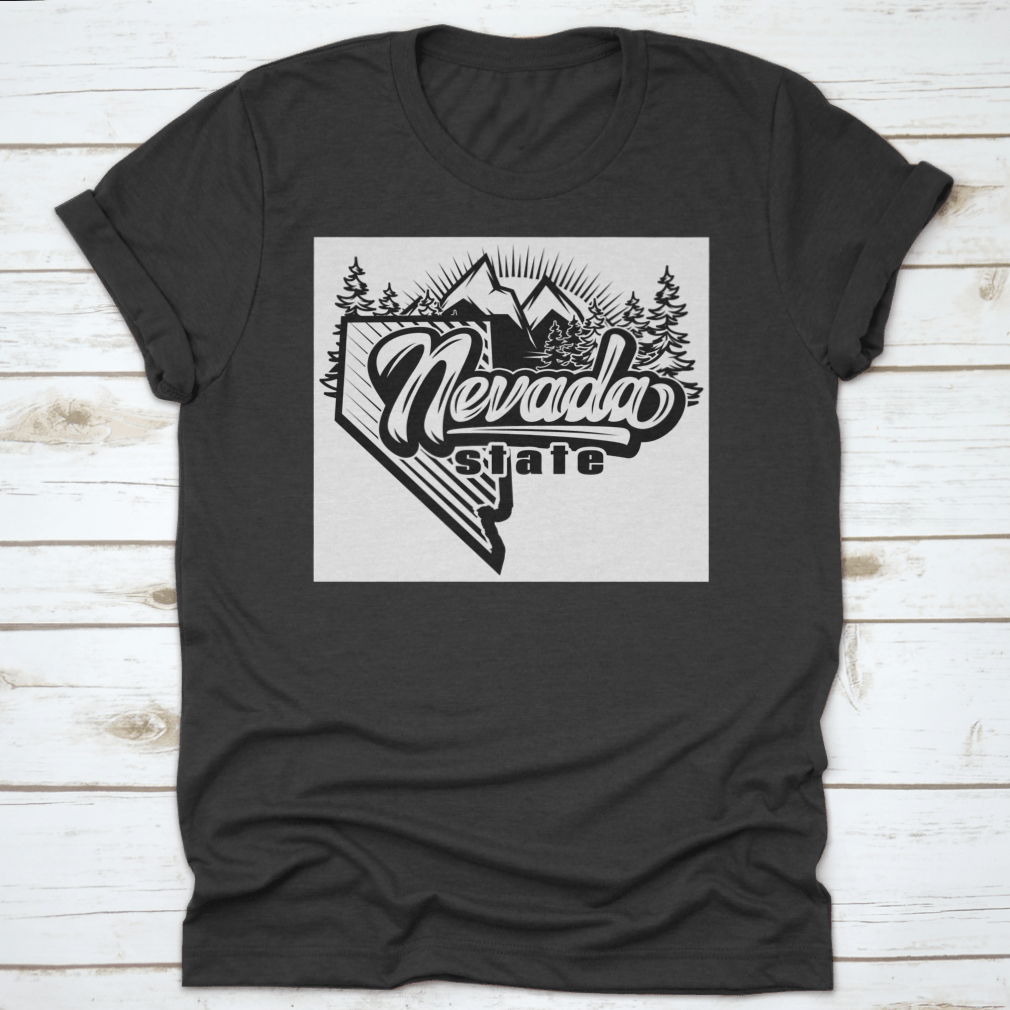 Monochrome illustration shirt featuring Nevada state and mountains, showcasing a stylish design on a comfortable fabric.