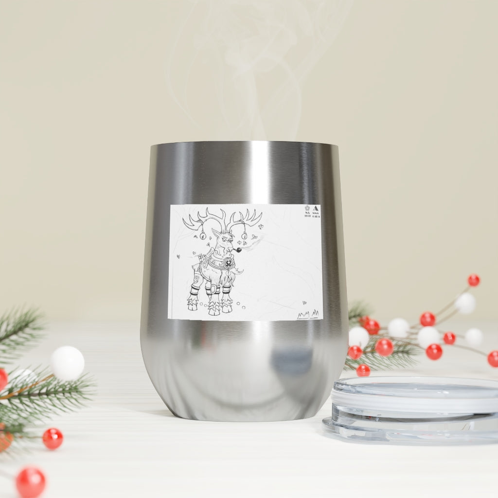 Tempus Guardian of the Harvest 12oz Insulated Wine Tumbler with clear lid, showcasing its stainless steel design and artistic print.