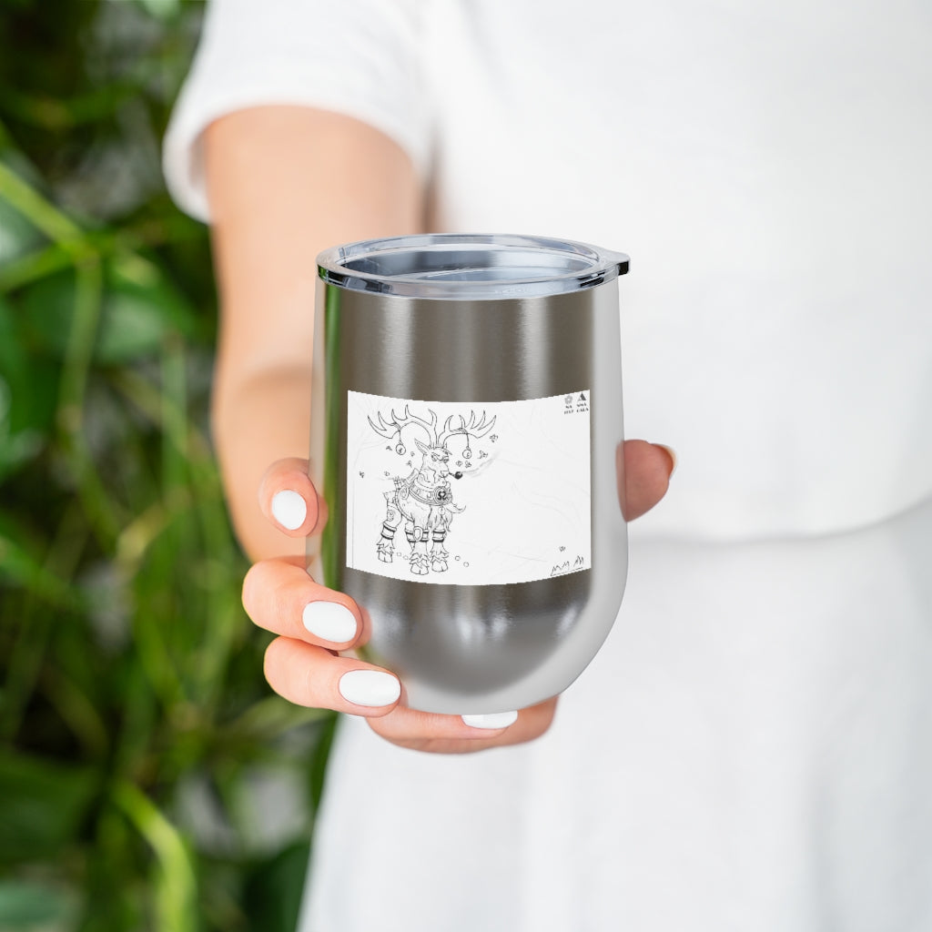 Tempus Guardian of the Harvest 12oz Insulated Wine Tumbler with clear lid, showcasing its stainless steel design and artistic print.