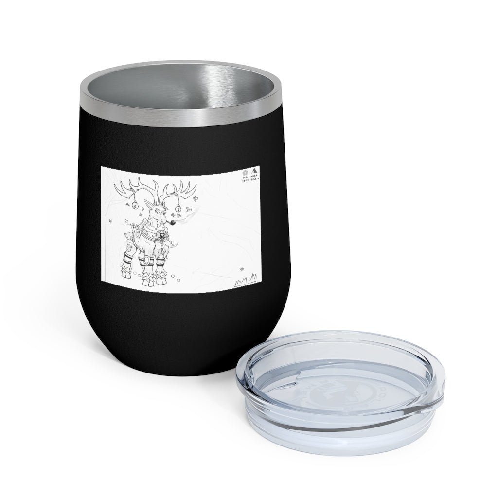 Tempus Guardian of the Harvest 12oz Insulated Wine Tumbler with clear lid, showcasing its stainless steel design and artistic print.