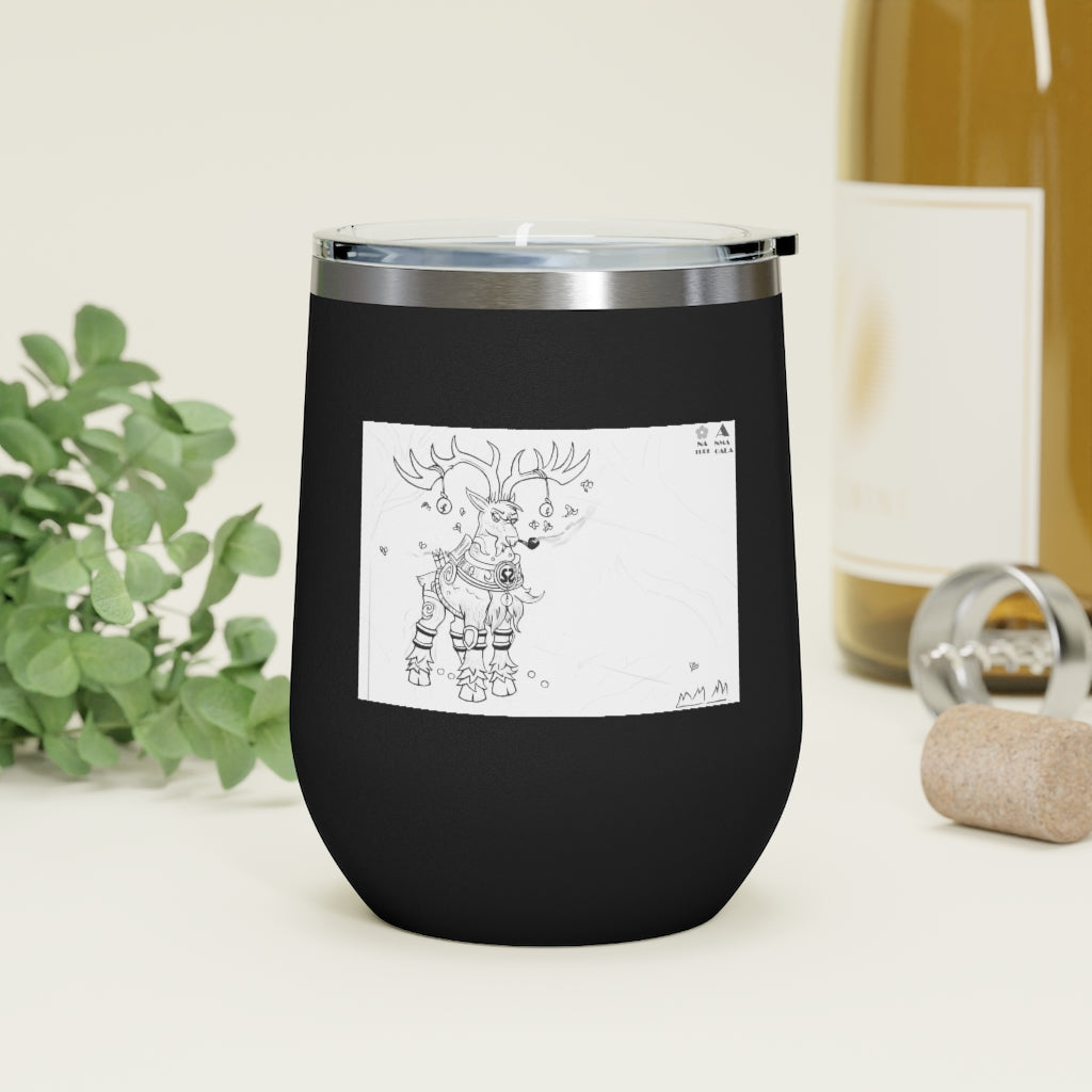 Tempus Guardian of the Harvest 12oz Insulated Wine Tumbler with clear lid, showcasing its stainless steel design and artistic print.