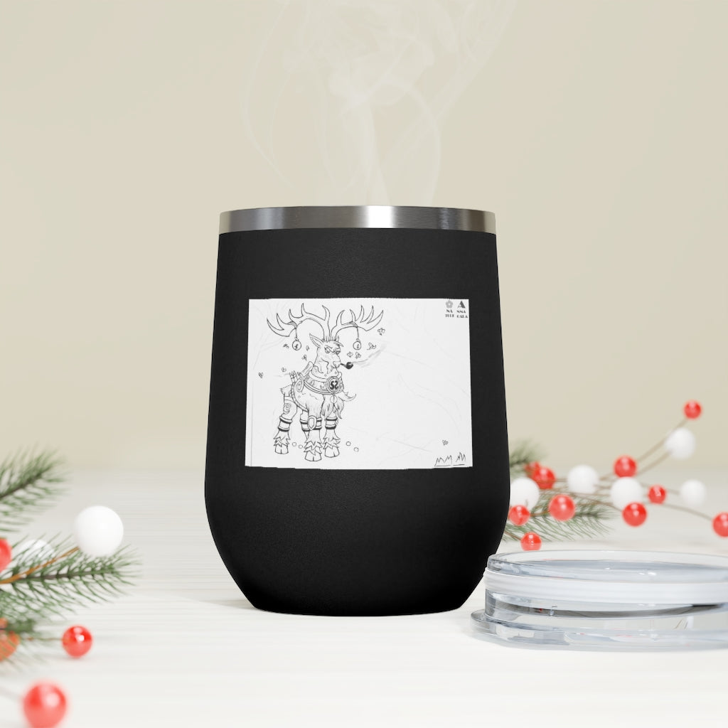 Tempus Guardian of the Harvest 12oz Insulated Wine Tumbler with clear lid, showcasing its stainless steel design and artistic print.