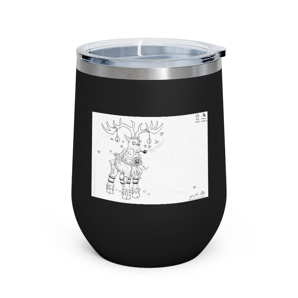 Tempus Guardian of the Harvest 12oz Insulated Wine Tumbler with clear lid, showcasing its stainless steel design and artistic print.