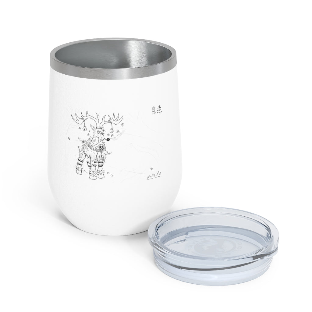 Tempus Guardian of the Harvest 12oz Insulated Wine Tumbler with clear lid, showcasing its stainless steel design and artistic print.