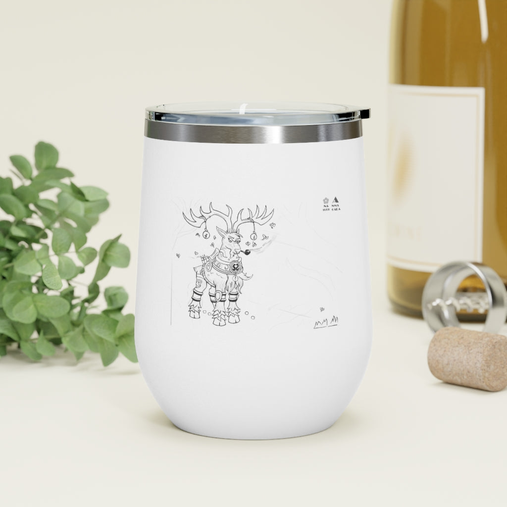 Tempus Guardian of the Harvest 12oz Insulated Wine Tumbler with clear lid, showcasing its stainless steel design and artistic print.