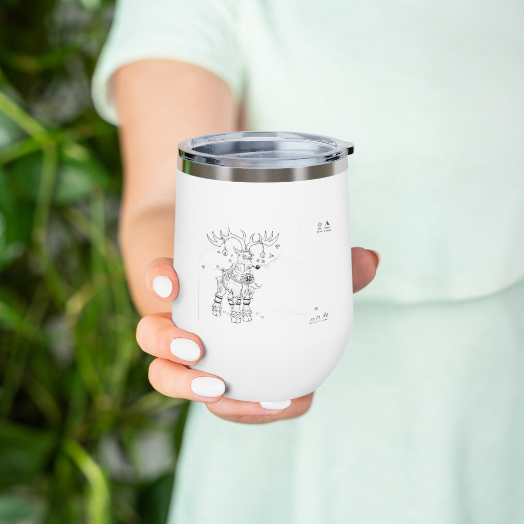 Tempus Guardian of the Harvest 12oz Insulated Wine Tumbler with clear lid, showcasing its stainless steel design and artistic print.