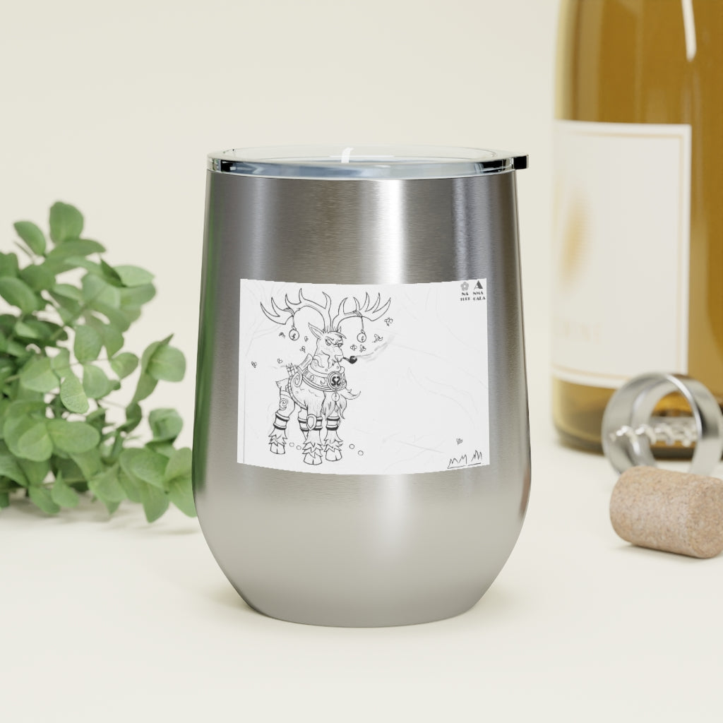Tempus Guardian of the Harvest 12oz Insulated Wine Tumbler with clear lid, showcasing its stainless steel design and artistic print.