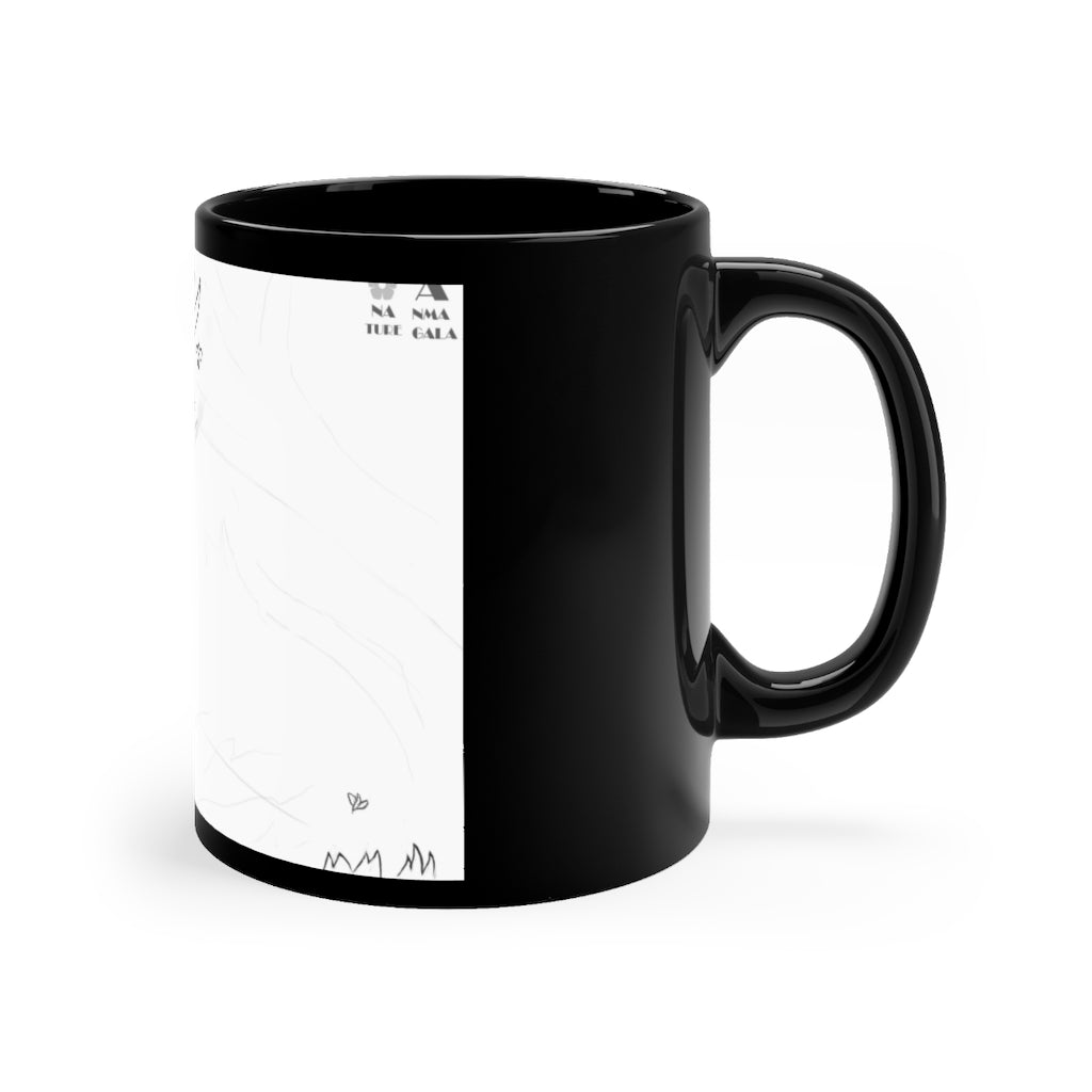 Tempus Guardian of the Harvest black ceramic mug with rounded corners and C-handle, showcasing full-wrap decoration.