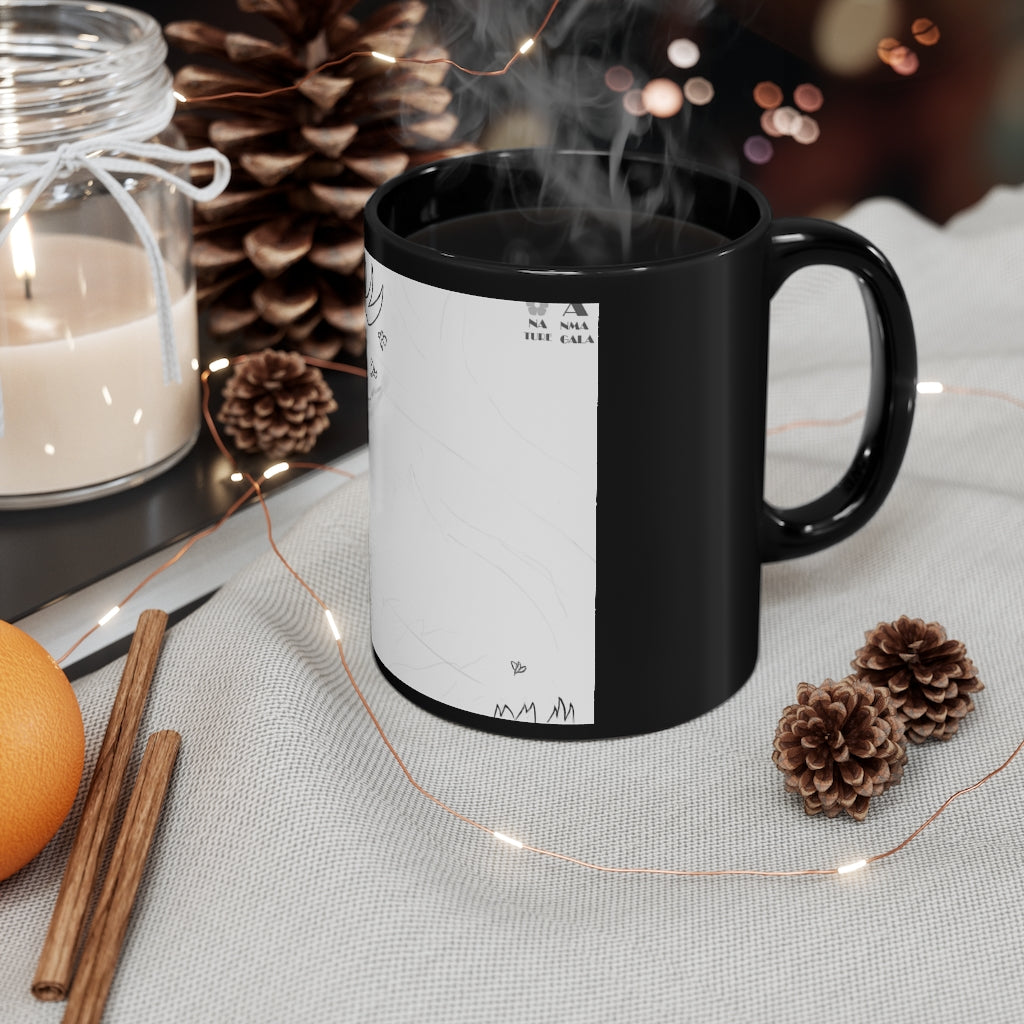 Tempus Guardian of the Harvest black ceramic mug with rounded corners and C-handle, showcasing full-wrap decoration.